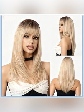 Novastel 20”Straight Human Hair W/Bangs Layered Ombre Blonde Glueless  (Blonde)